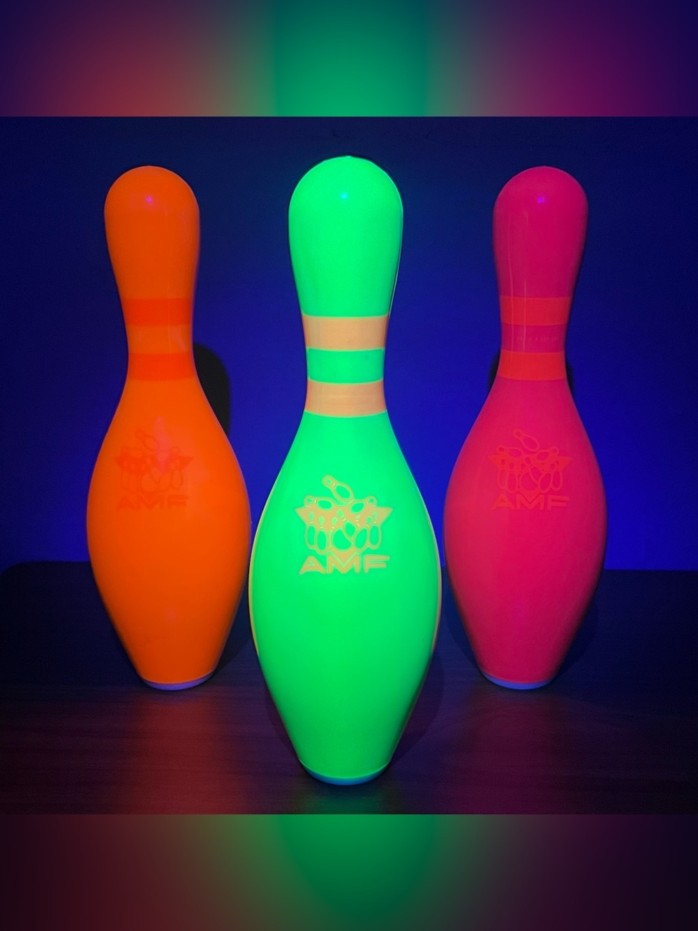AMF Bowling Pins ABC Approved Neon (Black Light) Plastic Coated Wood Lot Of 3